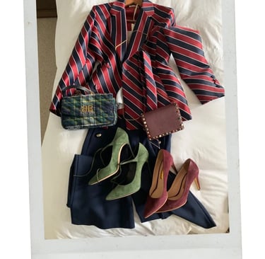 dhm.style wardrobe refresh and travel edit with striped blazer, designer heels, and Balenciaga and Valentino handbags.