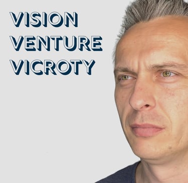 Picture of face of Stan Tscherenkow with a quote Vision, Venture, Victory