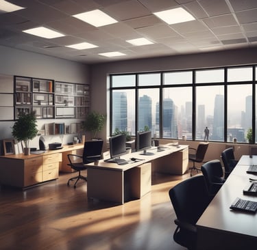 A multi-story building with a business on the ground floor displaying a sign for an architectural company. The facade includes balconies with railings. In front of the entrance, there is a table covered with a red cloth, adorned with decorative floral arrangements. Motorbikes are parked along the sidewalk and there are some potted plants on a ledge above the entrance.