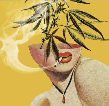 a woman with a marijuana leaf on her head