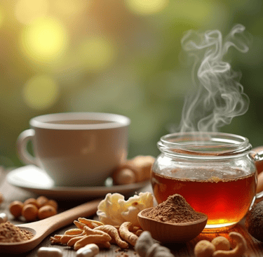 a cup of tea with nuts and nuts on a table