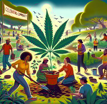 a group of people are gathered around a potted Cannabis plant