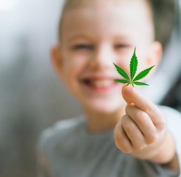 a young boy holding a marijuana leaf
