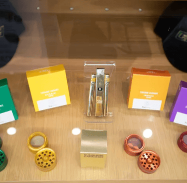 a display case with various items in a display case