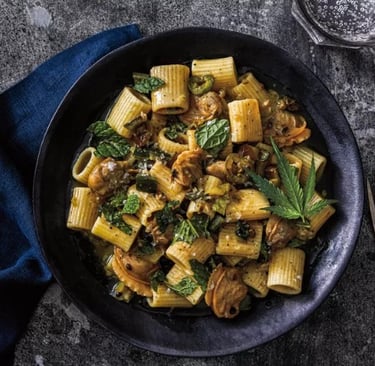 a bowl of pasta with mushrooms and mushrooms