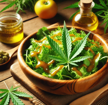a bowl of food with a marijuana leaf in the middle
