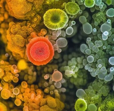 a close up of a group of different colored algaes
