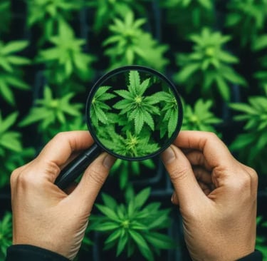 a person holding a magnifying magnifying a marijuana leaf