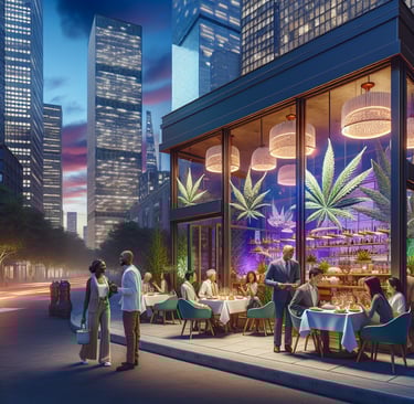 a restaurant with a large window that has a view of a city street