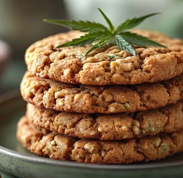 a stack of cookies with a marijuana leaf on top