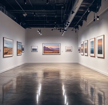 Galerie d'art moderne avec des photographies de paysages encadrées, éclairées par des spots dans une ambiance épurée et sophi