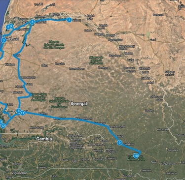 Route map 15-Day Bird Photography Tour in Senegal – Departure from Dakar