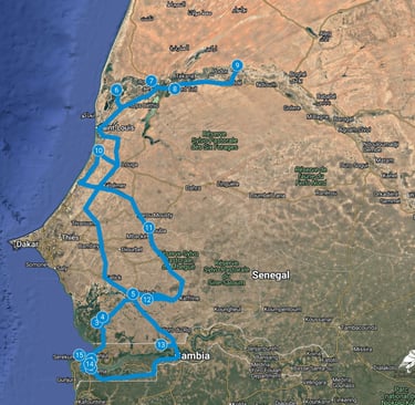 Route map  Gambia & Senegal: 15-Day Bird Photography Tour (10 Days Senegal / 5 Days Gambia)