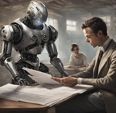 Human and a robot evaluating exams: AI-generated image (Canva)