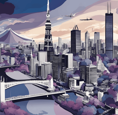 Imaginary landscape with landmarks from Tokyo, London and Chicago