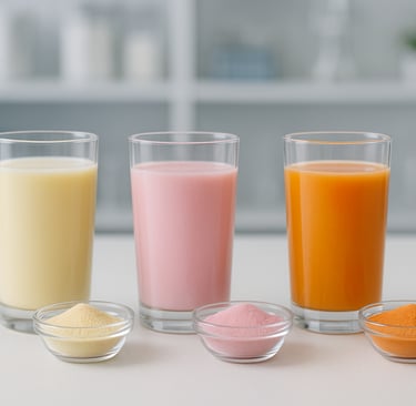 a variety of different colored drinks in a row
