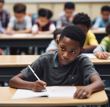 A black boy in a classroom taking his notes by hand