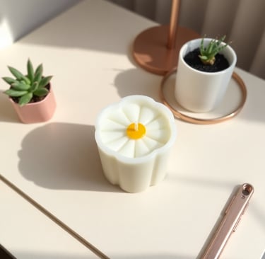 Handgegossene Blütenkerze mit gelbem Docht auf Tisch, kreative Kerzenworkshops und DIY Candle Making
