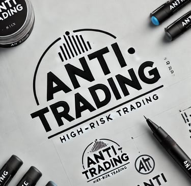 Logotipo de Anti-Trading con el lema 'High-Risk Trading', acompañado de materiales de diseño.
