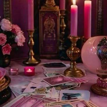 A spiritual tarot card reading layout with lit pink candles and mystical accessories.