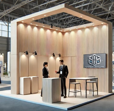 stand exposition cloison avec parement bois + placard