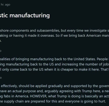 Post on the cost of domenstic manufacturing