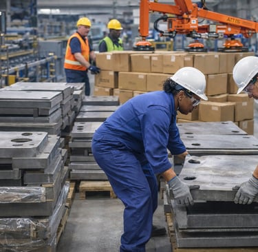 Two workers dealing with a production line bottleneck due to the demands of heavy lifting