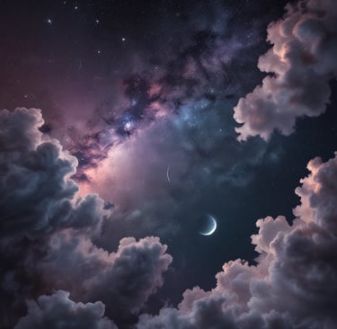 Un cielo nocturno con nubes, estrellas, nebulas y la Luna.