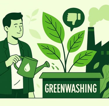 Illustration of a man watering a plant labeled “Greenwashing” while a factory emits smoke