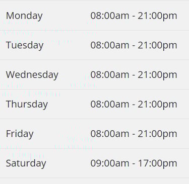 a list of opening hours