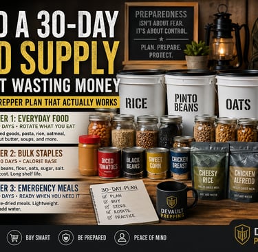 An infographic on building a 30-day emergency food supply with buckets of rice, beans, and freeze-dried meals.
