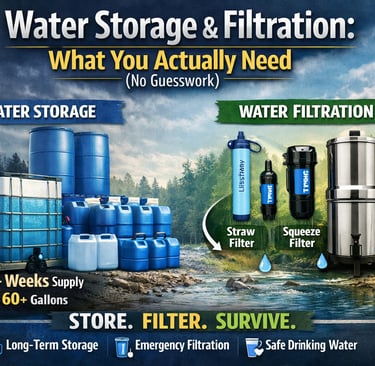 Water storage and filtration infographic showing barrels, containers, and filters with survival wate