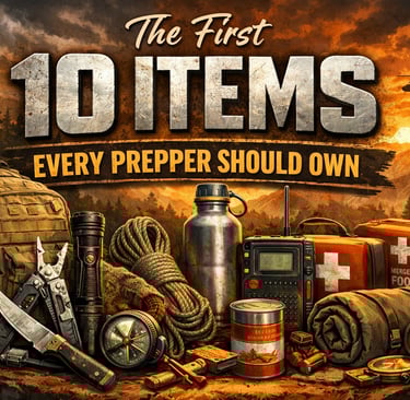 Prepper gear essentials including backpack, knife, flashlight, radio, rope, food, and survival tools in outdoor setting