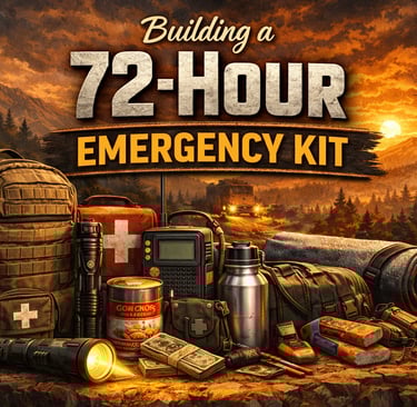 72-hour emergency kit with backpack, first aid, flashlight, radio, food, and survival gear in a wilderness setting