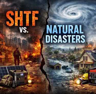 SHTF vs natural disasters comparison showing societal collapse, hurricane flooding, wildfire, and emergency generators.