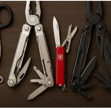 a swiss army knife knife and scissors on a table