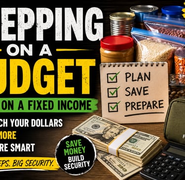 Emergency prepping on a budget with food supplies, first aid kit, and cash for living on a fixed income.