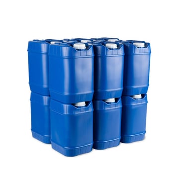 Stackable blue water storage containers arranged in rows, designed for emergency water storage and l