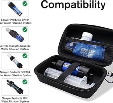 Black hardshell carrying case showing compatibility with Sawyer Squeeze, Mini, and Tap water filtration systems.
