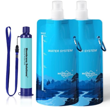 Portable personal water filter straw with two collapsible squeeze pouches for hiking and emergency kits.