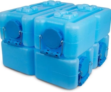 Stackable blue water storage containers with spigots, designed for long-term emergency water storage