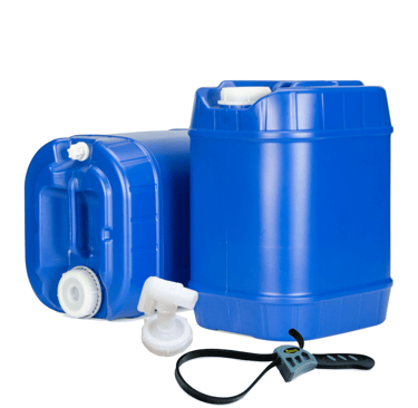 Blue 5-gallon water storage containers with spigot and wrench, ideal for emergency preparedness and 