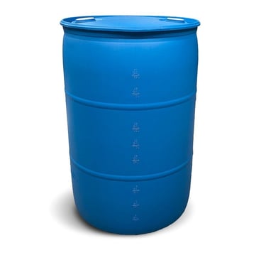 Blue 55-gallon water storage barrel for long-term emergency water storage and prepping supplies