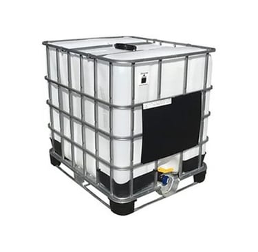 White 275 gallon IBC tote tank in a galvanized steel cage on a pallet base for liquid storage.