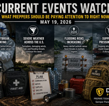 Current events preparedness infographic covering Ebola, severe weather, flooding, and supply chain risks.