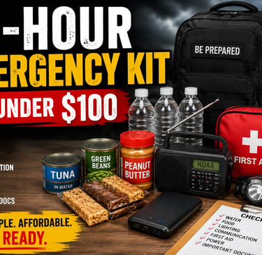 Emergency kit under $100 with food, water, radio, first aid, flashlight, and preparedness supplies.