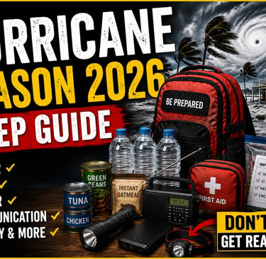 Hurricane Season 2026 YouTube thumbnail with storm, emergency supplies, backpack, radio, food, water, and preparedness gear.