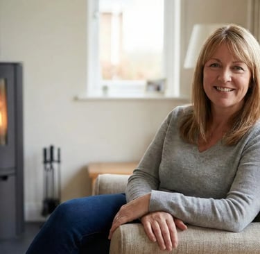 Cliente satisfaite Marie Claire M. devant son poêle à granulés après entretien