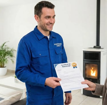 Technicien Ramonage Direct remettant le certificat de conformité à Vertou
