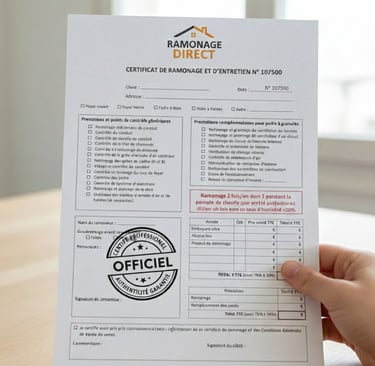 Image d'un Certificat de Ramonage officiel Ramonage Direct, prouvant la conformité légale